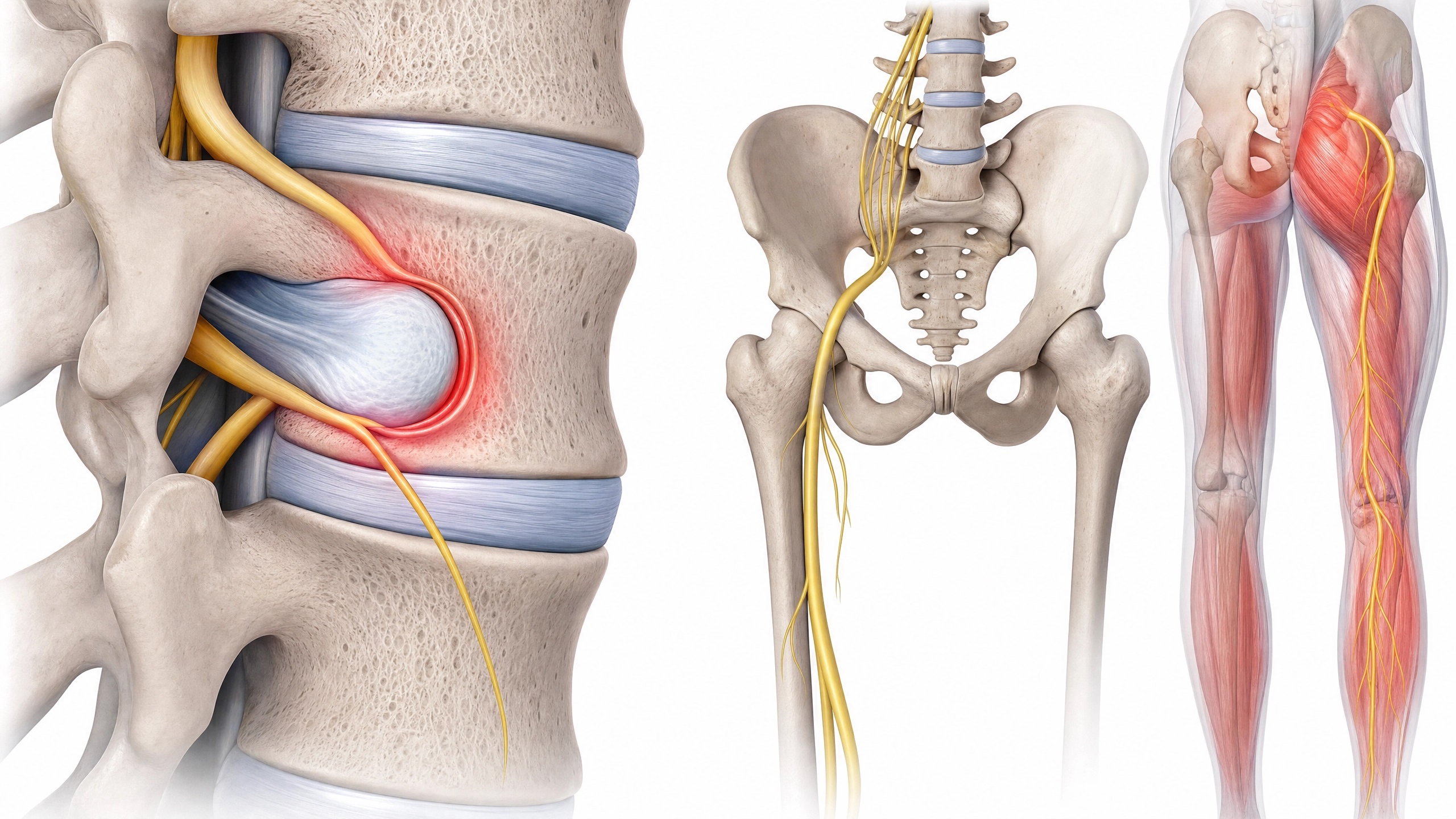 Illustration anatomique du nerf sciatique montrant une compression lombaire par hernie discale, le trajet du nerf du bassin jusqu’à la jambe et les zones de douleur sciatique